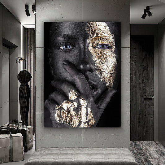 african woman silver glitter canvas painting, ethnic painting, black woman painting, african woman wall art, gold and black canvas painting Wall Art