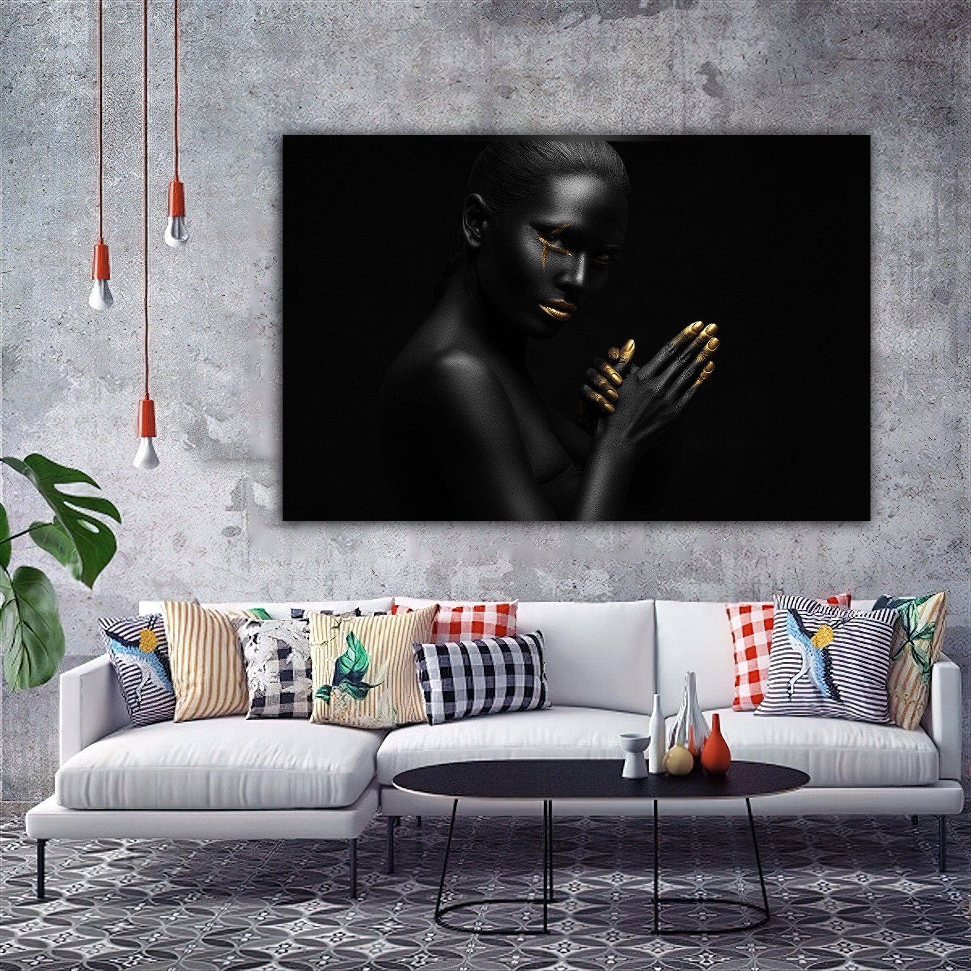 african girl gold glitter canvas painting, ethnic painting, black woman painting, african woman wall art, gold and black canvas painting Canvas Art