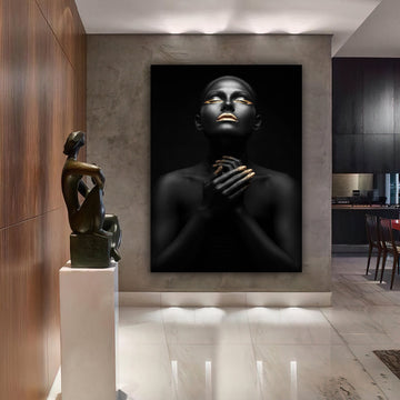 african girl gold glitter canvas painting, ethnic painting, black woman painting, african woman wall art, gold and black canvas painting Contemporary Art