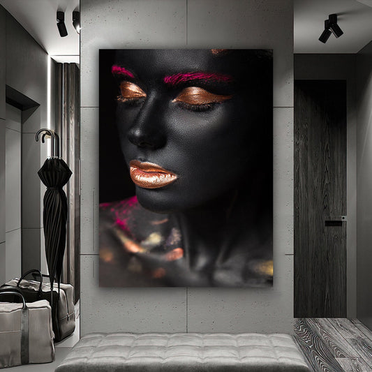 african girl pink glitter canvas painting, ethnic painting, black woman painting, african woman wall art, gold and black canvas painting