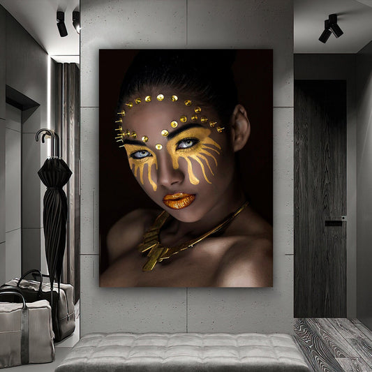 african girl gold glitter canvas painting, ethnic painting, black woman painting, african woman wall art, gold and black canvas painting Modern Art