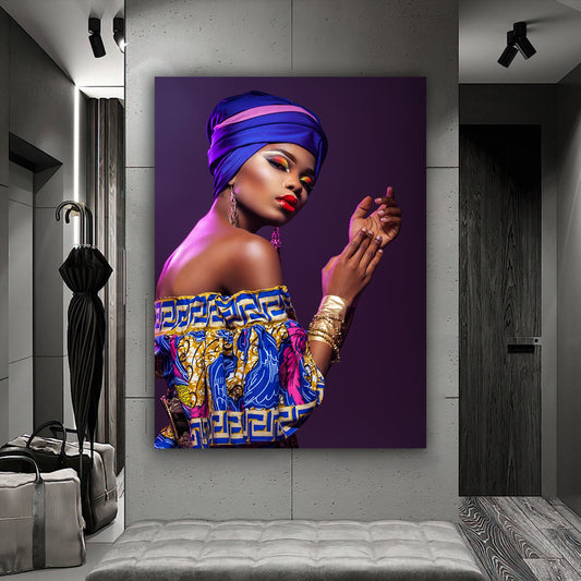 african girl gold glitter canvas painting, ethnic painting, black woman painting, african woman wall art, gold and black canvas painting Wall Prints