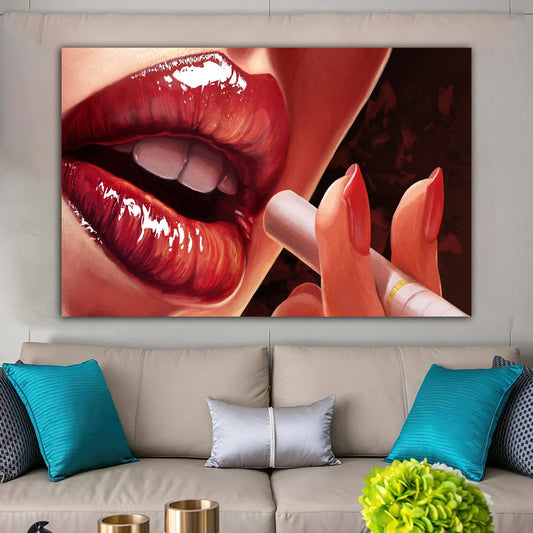 smoking woman canvas painting, cigarette and woman painting, smoking colorful woman painting, lips canvas painting