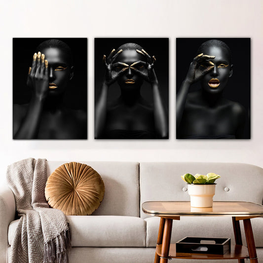 black women canvas painting, african style wall art,, black and gold african  canvas painting, ethnic women  art, glitter textured canvas
