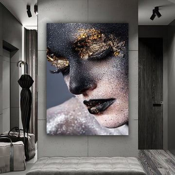 woman canvas painting, abstract woman painting, woman painting with drawings, gold glitter embroidered canvas painting