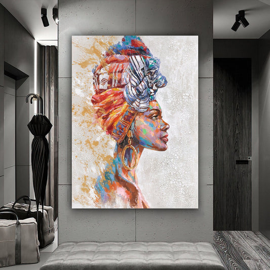 african colorful woman canvas painting, paint textured canvas painting, ethnic woman painting, black woman canvas painting