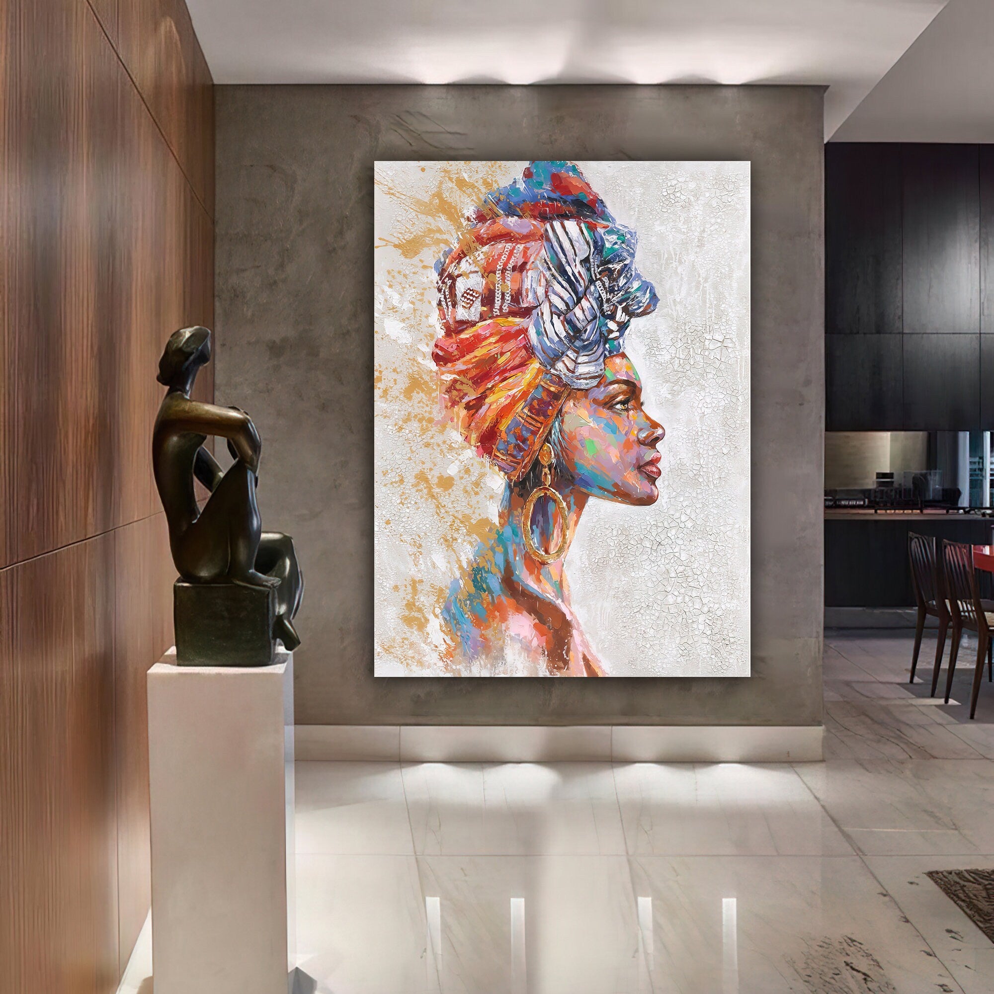 african colorful woman canvas painting, paint textured canvas painting, ethnic woman painting, black woman canvas painting