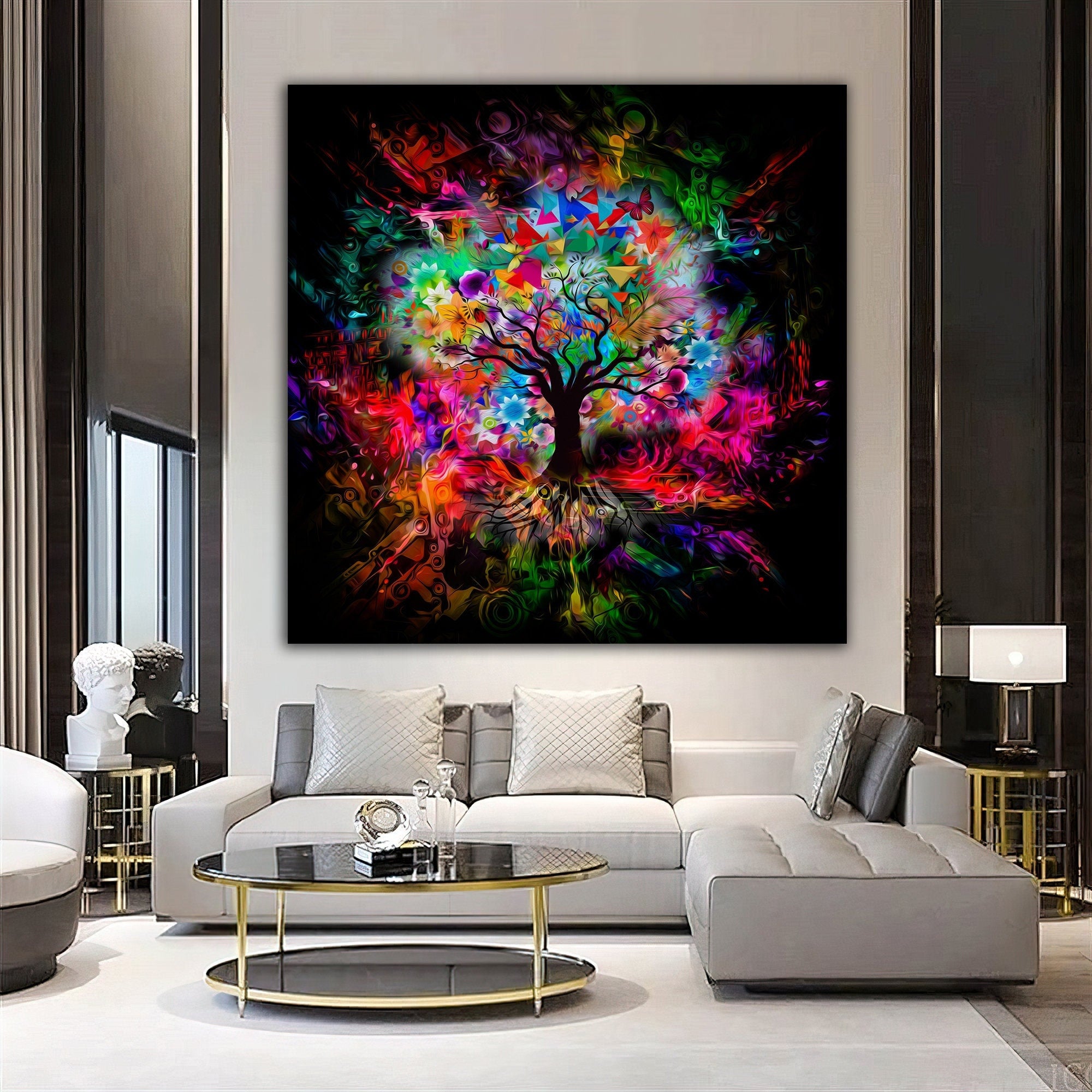 tree of life color canvas painting, paint textured canvas painting, colorful tree painting