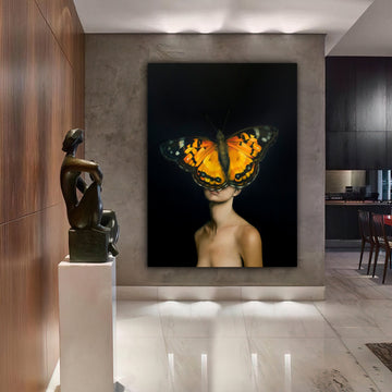 woman with butterfly head canvas painting, butterfly and woman painting, flower woman painting, flowers and woman painting