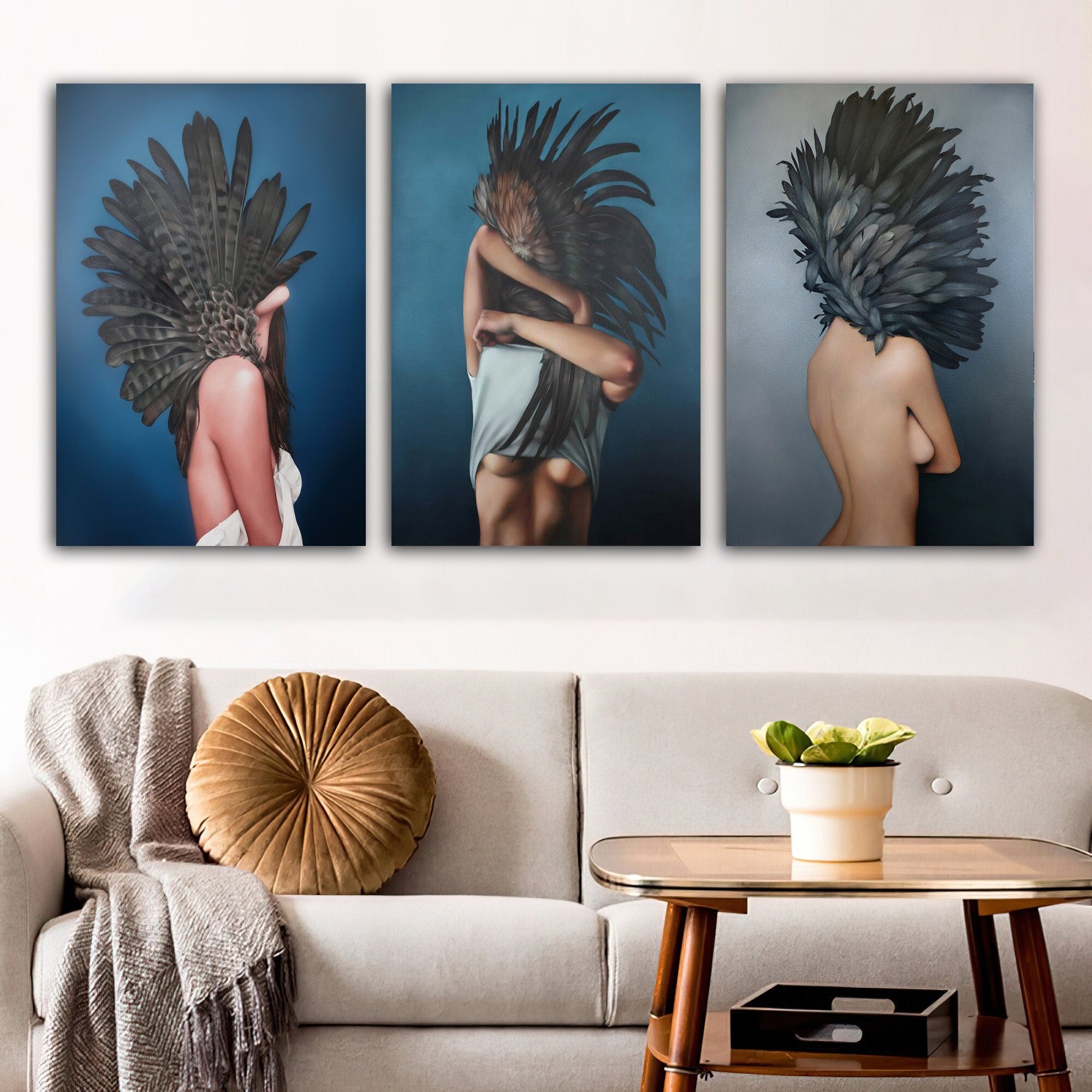lady with flower body canvas print,woman with flower head canvas painting,feather headed women canvas painting,women wall decor art