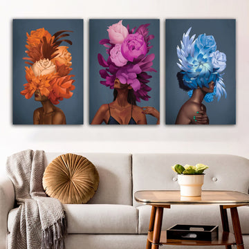 lady with flower body canvas print,woman with flower head canvas painting,feather headed women canvas painting,women wall decorart