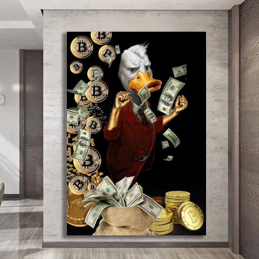 bitcoin and duck canvas painting, bitcoin canvas print, duck and dollar wall decor, bitcoin wall art, bitcoin wall print, cyripto wall art