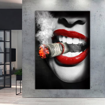 smoking woman art, dollar and woman print, smoking woman with money canvas painting, dollar and woman wall decor, woman canvas painting