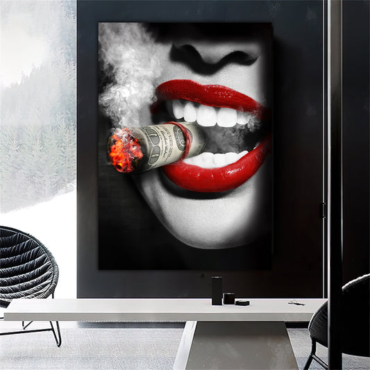 smoking woman art, dollar and woman print, smoking woman with money canvas painting, dollar and woman wall decor, woman canvas painting