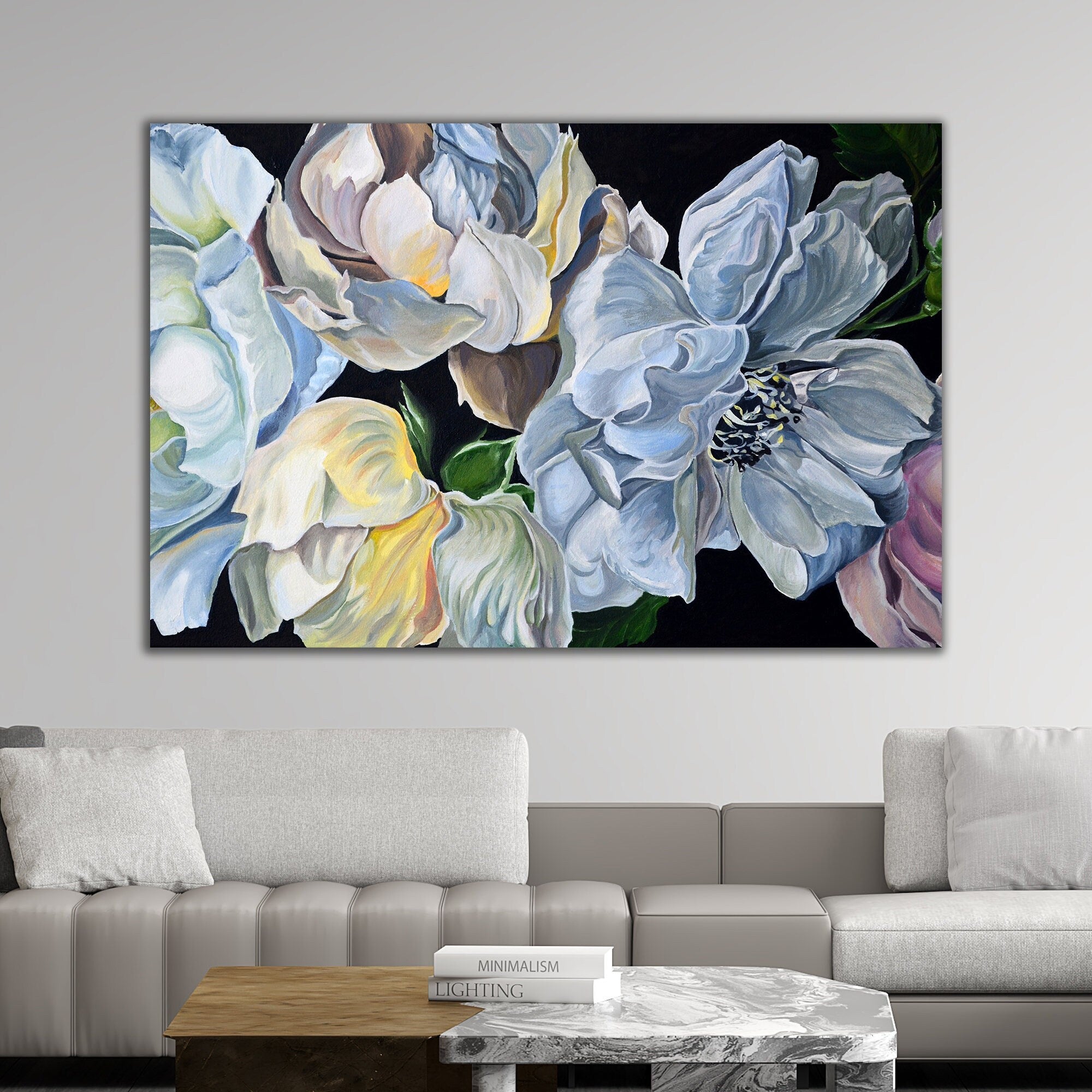 flowers canvas painting, magnolia floral print, floral home decor, black and white floral wall art