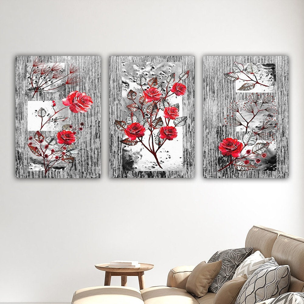 red roses canvas painting, flowers canvas print, abstract floral painting, 3-piece flower painting, red and gray floral canvas print