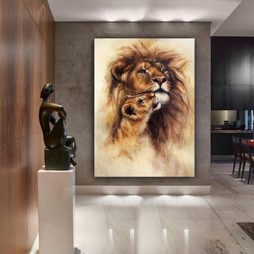 Mother lion canvas painting, lion canvas print, lion and cub wall decor, lion canvas poster, lion wall art