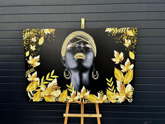 African woman canvas wall art , gold glitter embroidered canvas print ,  black woman canvas painting, african woman decor, african women art Art for Sale