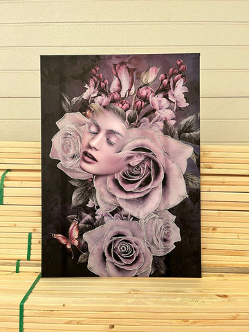 woman with flower head canvas painting, pink roses and woman print,silver glitter textured flower woman painting, flowers and woman painting