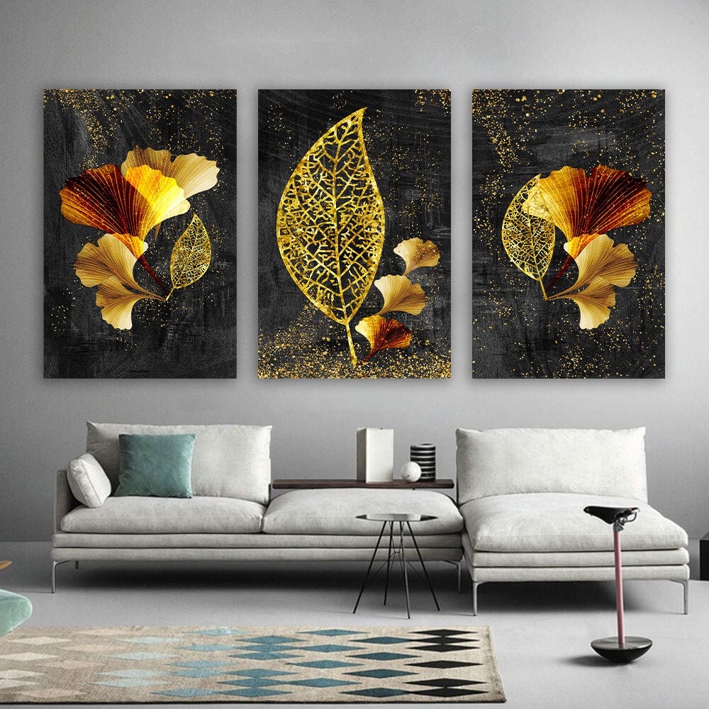 glittery canvas flowers, abstract flowers glittery textured canvas print, 3-piece leaves wall decor, floral room decor