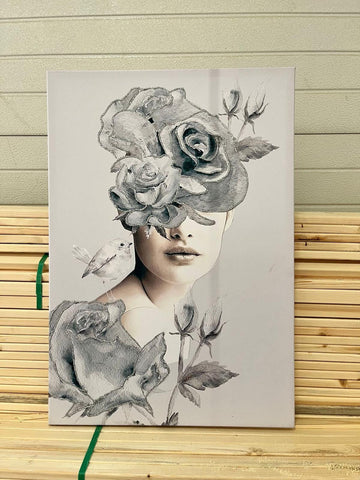 woman with flower head canvas painting,  roses and woman canvas print, glitter flower woman poster, flowers and woman art