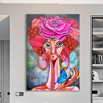 woman with flower head canvas painting, pink roses and woman print, flower woman poster, flowers and woman painting Contemporary Art