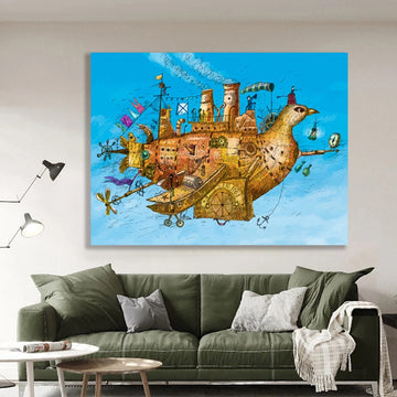surreal art canvas print , bird ship wall decor , abstract animal and ship canvas painting , surreal home canvas print