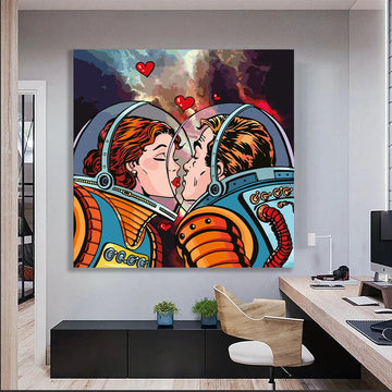 Pop Art Wall Art, Comic Pop Art, Woman , Omg Shock Comic Style, kissing astronauts pop art canvas print, Woman Wall Art, Lip Wall Decor