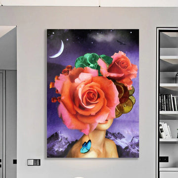 woman with flower head canvas painting,  roses and woman painting, flower woman painting, flowers and woman painting print