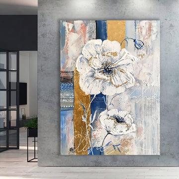 white flowers canvas painting, flowers  print, flower  canvas print , floral wall decor, flowers poster