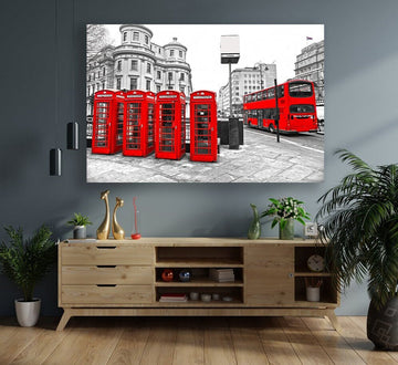 red telephone booth canvas, london canvas painting, telephone booth landscape canvas print, red tram canvas print