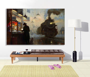 man at the train station canvas painting , mysterious man canvas print , train station wall decor , man and dog canvas print