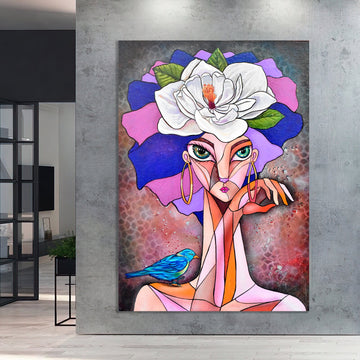 woman with flower head canvas painting, pink roses and woman print, flower woman poster, flowers and woman painting Modern Art