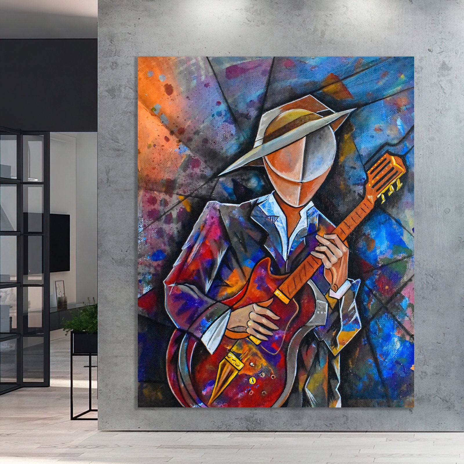 man playing guitar canvas painting , abstract human portrait, musical instrument home decor , guitar drawing canvas print