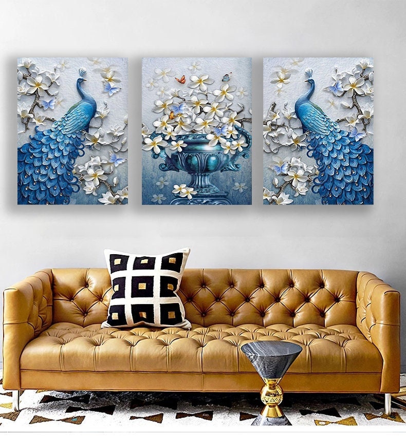 blue peacocks canvas painting set, peacock decorative painting, 3 piece peacock combination art