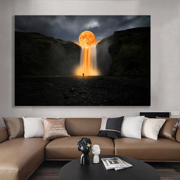 full moon surreal art canvas painting , full moon waterfall canvas print , moon and human abstract wall decor