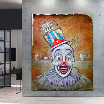 coffee cup on her head, happy clown canvas painting, clown canvas print, happy clown wall decor