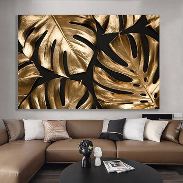 golden leaves canvas painting , floral wall decor , golden leaves canvas print