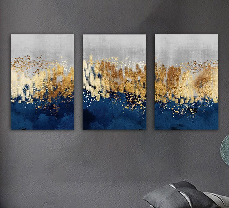 gold and blue modern abstract canvas, 3-piece abstract canvas print, blue abstract canvas decor, living room canvas painting
