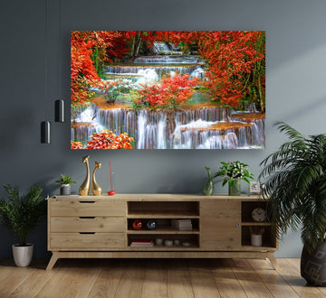 waterfall scenery canvas, stream canvas painting, nature canvas print, autumn wall decor, landscape art