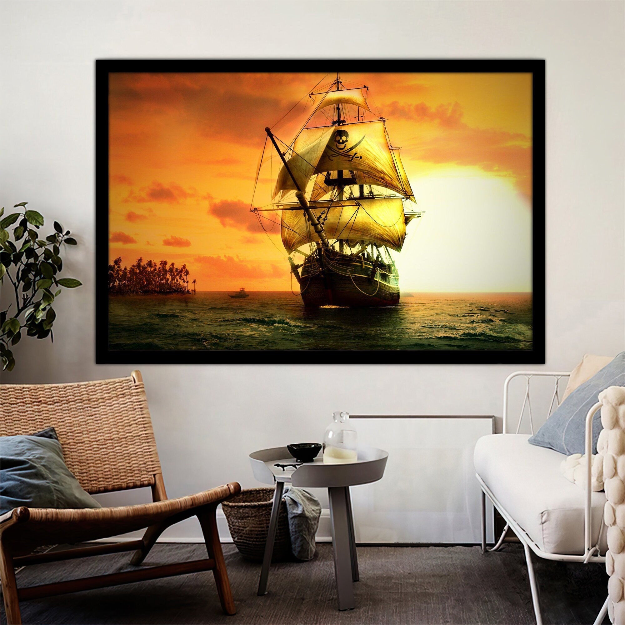 ship canvas painting, pirate ship painting, sailing painting, boating ship painting, rowing boat painting, ship framed canvas Decorative Art