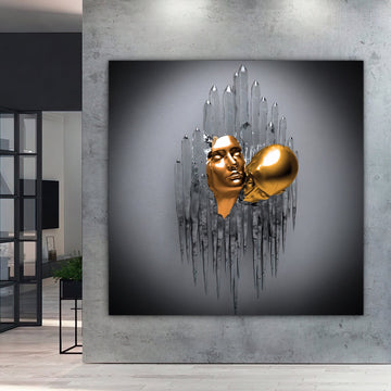 kissing canvas painting, bronze heads 3 d effect canvas print, glitter textured canvas art