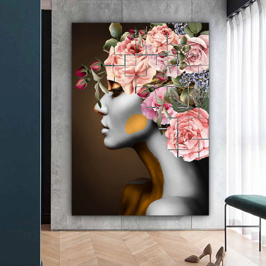 rose head woman canvas print, woman with flower head canvas painting, woman with feather head wall decor, woman with flower canvas art