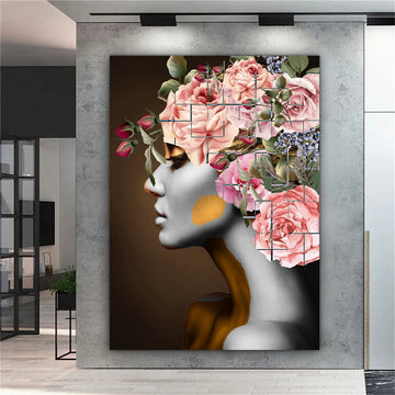 rose head woman canvas print, woman with flower head canvas painting, woman with feather head wall decor, woman with flower canvas art