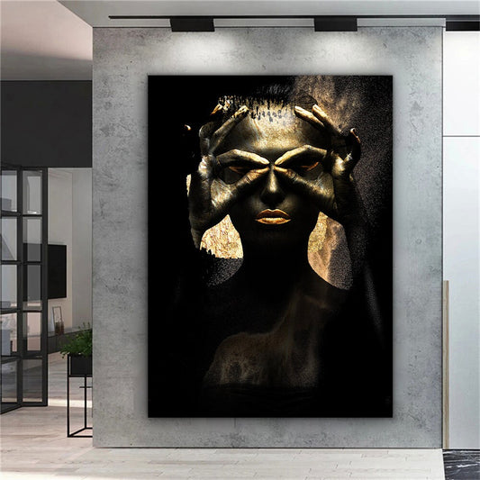 african woman gold glitter canvas painting, ethnic painting, black woman painting, african woman wall art, gold and black canvas painting Art Prints