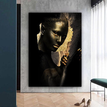 african woman gold glitter canvas painting, ethnic painting, black woman painting, african woman wall art, gold and black canvas painting Wall Prints