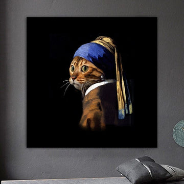 cat with pearl earring painting, funny cat canvas print, girl with pearl earring supernatural art canvas painting, artistic cat painting