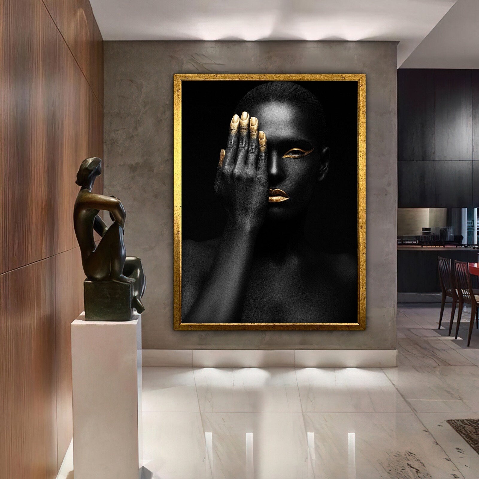 african woman canvas wall art, black woman canvas print, gold glitter textured canvas painting, framed canvas, black woman decor