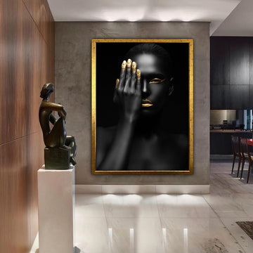 african woman canvas wall art, black woman canvas print, gold glitter textured canvas painting, framed canvas, black woman decor