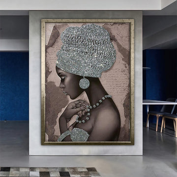 african woman canvas wall art, black woman canvas print, silver glitter textured canvas painting, framed canvas, black woman decor